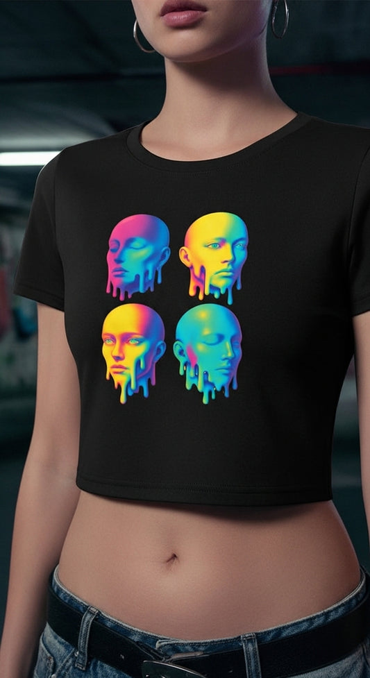 Damen – Crop Top – Rainbow Melting Heads Print – Frontprint