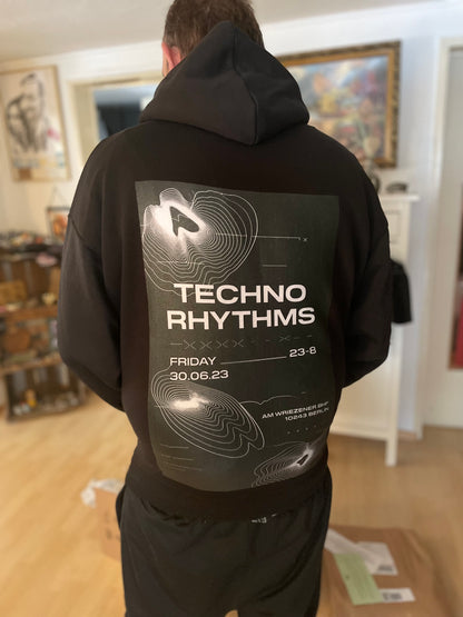 Unisex – Oversized Hoodie – Techno Rhythms Plakat Design – Backprint