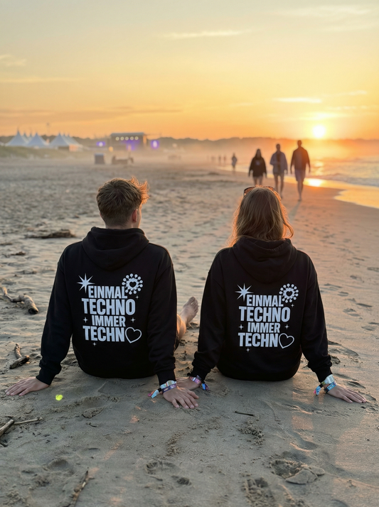 Unisex – Premium Hoodie – EINMAL TECHNO + IMMER TECHNO Print – Backprint