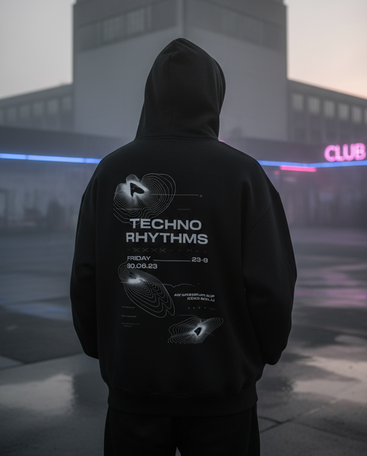 Unisex – Oversized Zipper Hoodie – Techno Rhythms Print – Backprint