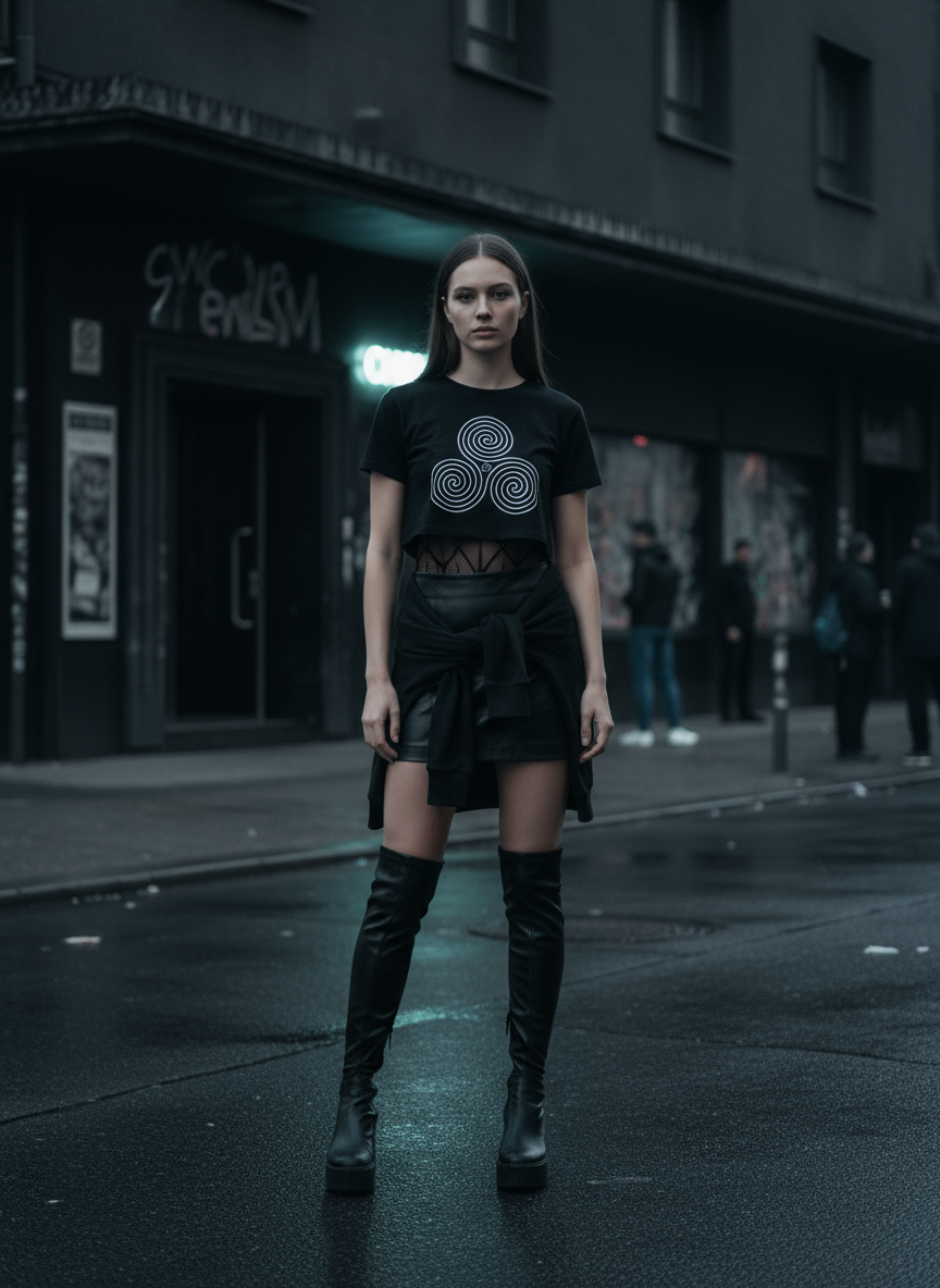 Damen – Crop Top – Geometrischer Triskelion Print – Frontprint