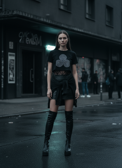 Damen – Crop Top – Geometrischer Triskelion Print – Frontprint