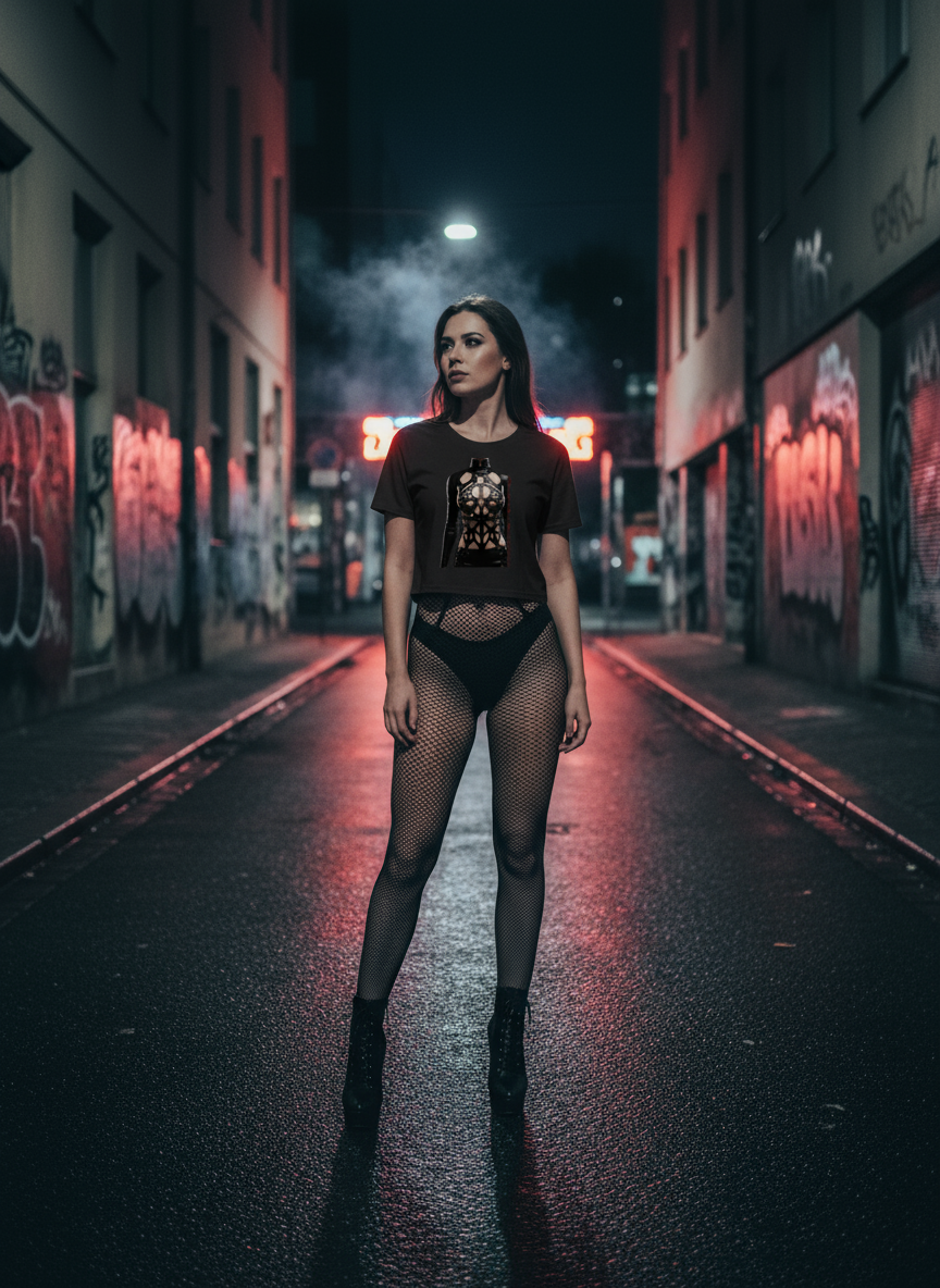 Damen – Crop Top – Kink Harness Statement Print – Frontprint