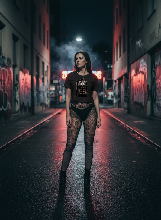 Damen – Crop Top – Kink Harness Statement Print – Frontprint