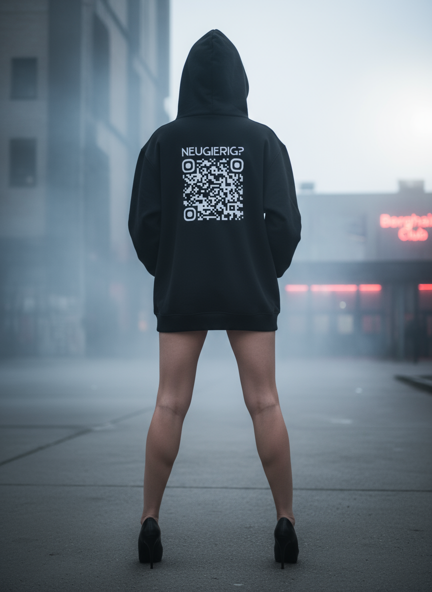 Unisex – Premium Hoodie – Neugierig? QR-Code Print – Backprint