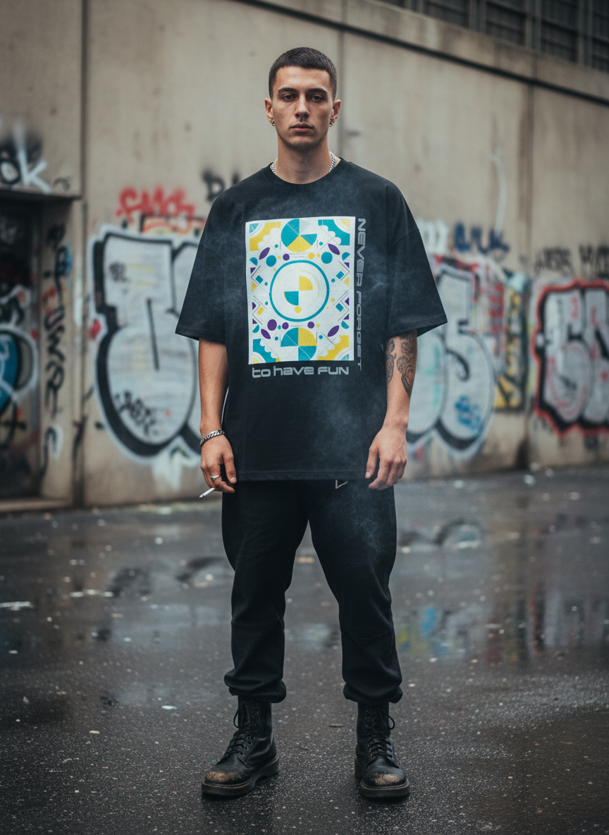 Unisex – Oversized Shirt – Abstract Geometric 'Never Forget' Print – Frontprint