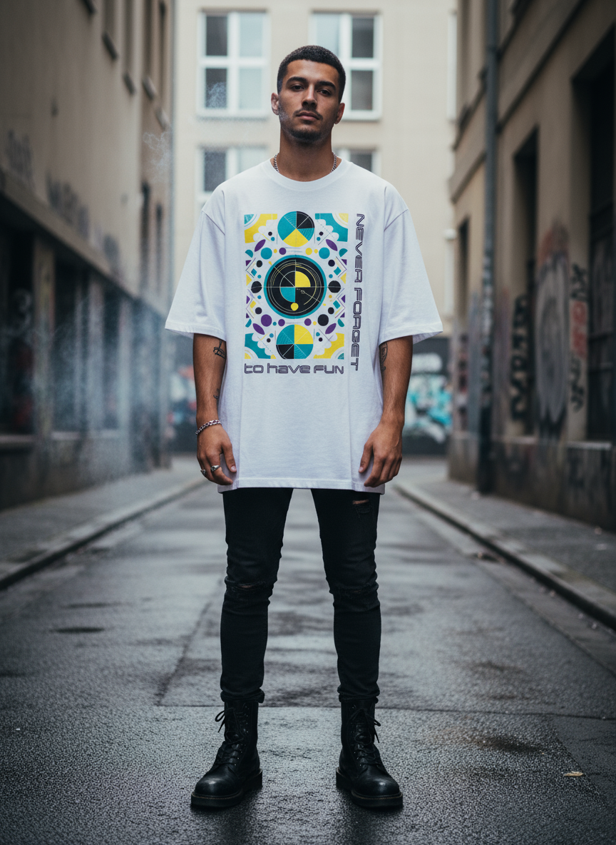 Unisex – Oversized Shirt – Abstract Geometric 'Never Forget' Print – Frontprint