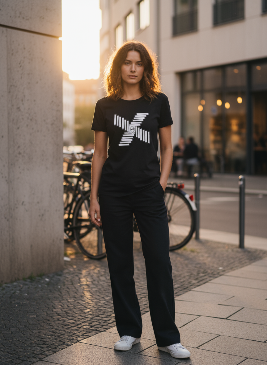 Damen – Organic Shirt – Geometrischer X-Print mit Logo – Frontprint