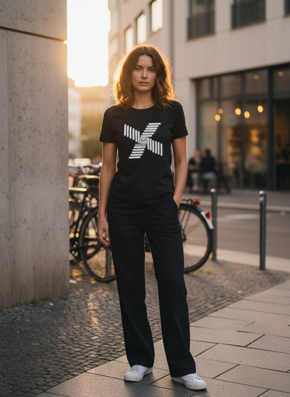 Damen – Organic Shirt – Geometrischer X-Print mit Logo – Frontprint