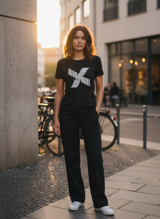 Damen – Organic Shirt – Geometrischer X-Print mit Logo – Frontprint