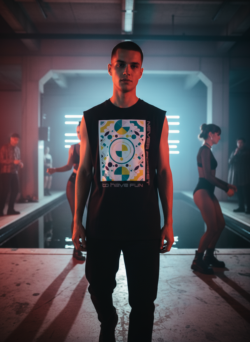 Herren – Sleeveless Oversize Shirt – Geometric Statement Print – Frontprint