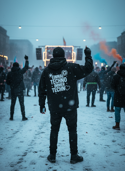 Unisex – Premium Hoodie – EINMAL TECHNO + IMMER TECHNO Print – Backprint – Minimal Vibes Berlin Techno Streetwear