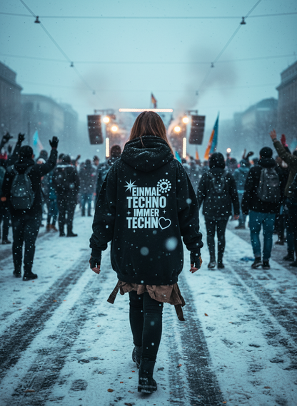 Unisex – Premium Hoodie – EINMAL TECHNO + IMMER TECHNO Print – Backprint – Minimal Vibes Berlin Techno Streetwear